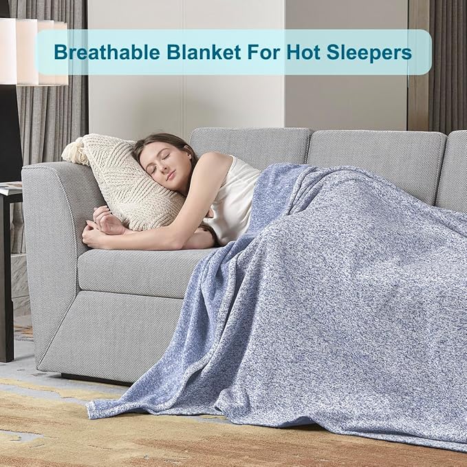KAWAHOME Summer Sweatshirt Blanket Twin Size for Bed-Lightweight Breathable Blankets,Soft Thin Knit Jersey Blanket for Hot Sleepers,66 X 90 Inches, Heather Blue