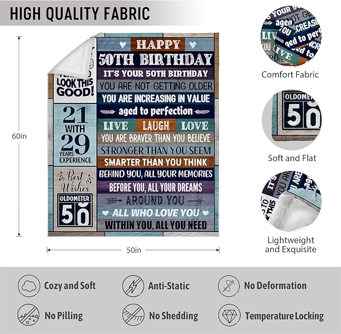 50th Birthday Gifts for Men Women, 50th Birthday Gift Ideas, Milestone 50th Birthday Decorations, Funny 50 Years Old Gift for Husband Wife Him Her Dad Mom, 50th Birthday Gifts Throw Blanket 50" x 60"