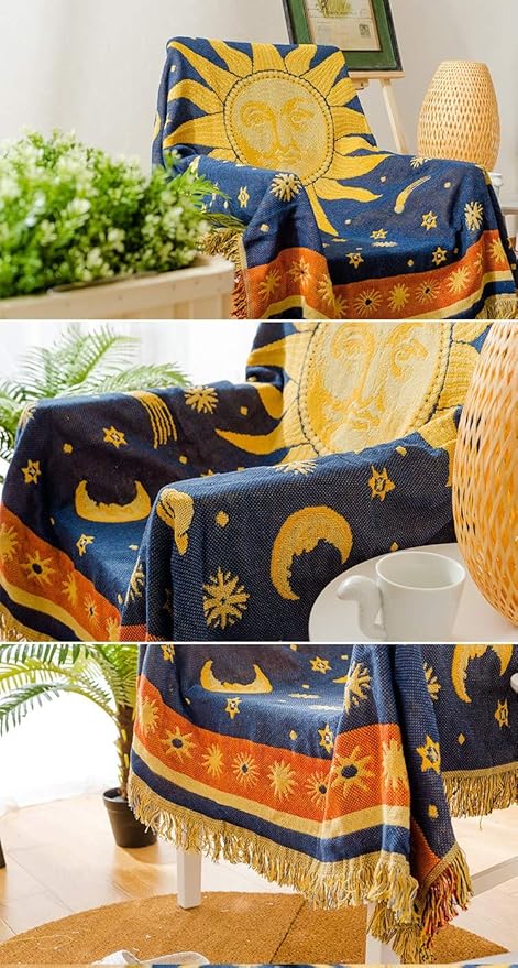 Erke Moon and Sun Throw Blanket Celestial Chair Recliner Cover Bed Spread Hippie Room Decor, Double Sided Cotton Woven Sofa Couch Furniture Aesthetic Witchy Throws - 50" X 70", Yellow/Blue