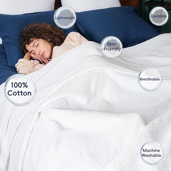 PHF Pre-Washed Cotton Waffle Weave Blanket Throw Size for Couch Bed,Snag Proof Spring Summer Lightweight Breathable,Oeko-TEX Certified,Machine Washable, Home Decor Gift-White