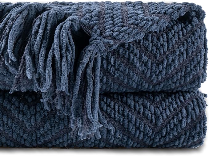 BATTILO HOME Navy Blue Throw Blanket for Couch, Knitted Blue Blanket Throw 50'' x 60'', Super Soft Warm Navy Throws for Chair Sofa Home Decor