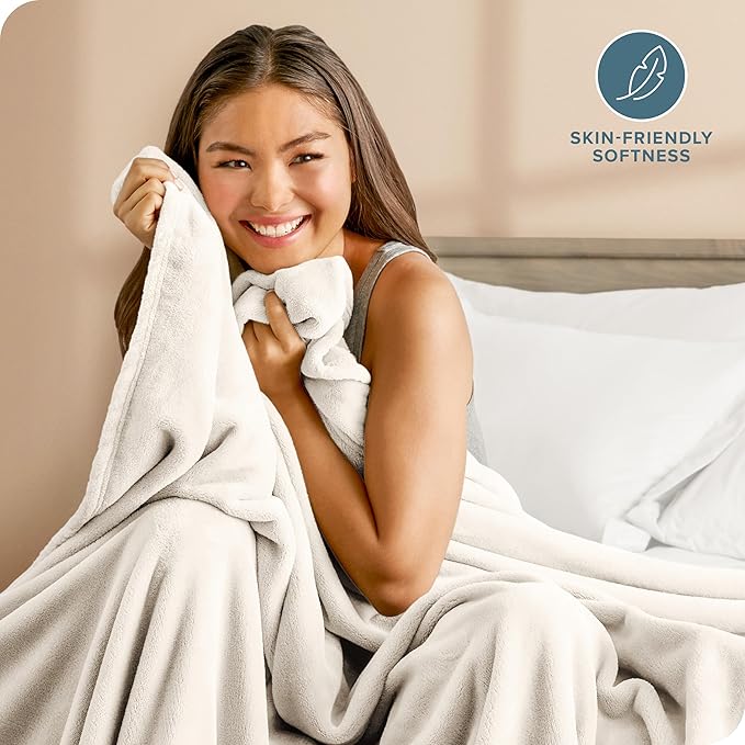 Bare Home Fleece Microplush Blanket - Full/Queen - Lightweight Throw for Bed, Sofa, Couch, Movie Night, Camping, and Travel - Cabin Blanket (Full/Queen, Vanilla)
