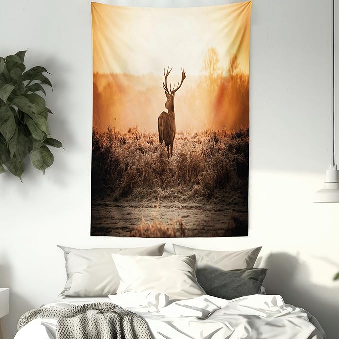 Ambesonne Hunting Tapestry, Red Deer in the Morning Sun Wilderness Nature Scenery Countryside Rural Heathers, Wall Hanging for Bedroom Living Room Dorm Decor, 40" X 60", Brown Orange