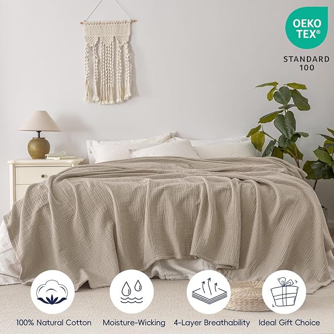PHF 100% Cotton Muslin Blanket Twin Size 66" x 90", 4-Layer Lightweight and Breathable Blanket for Summer, Luxuriously Soft Gauze Bedding for Bed, Natural Minimalism Style, Ideal Gift, Simply Taupe