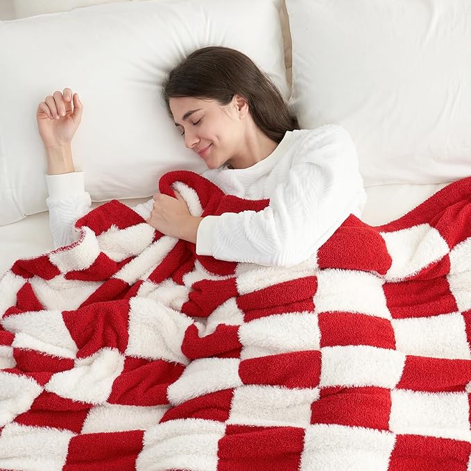 Snuggle Sac Faux Fur Checkered Blanket Twin Size with Soft Knitted Microfiber Fabric,Cozy Soft Warm Blanket for Sofa Bedroom Living Room, Red Checker,60x80 inches