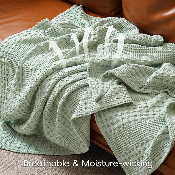 PHF 100% Cotton Waffle Weave Blanket Queen Size, Soft Lightweight Breathable Cozy Summer Blankets for Bed, Luxury Aesthetic Woven Bedding for Home Decor, 90"x90", Sage Green