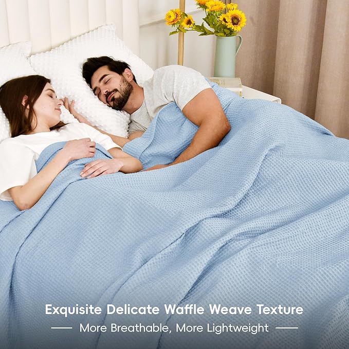 PHF Pre-Washed Cotton Waffle Weave Blanket Throw Size for Couch Bed,Snag Proof Spring Summer Lightweight Breathable,Oeko-TEX Certified,Machine Washable, Home Decor Gift,Sky Blue/Baby Blue