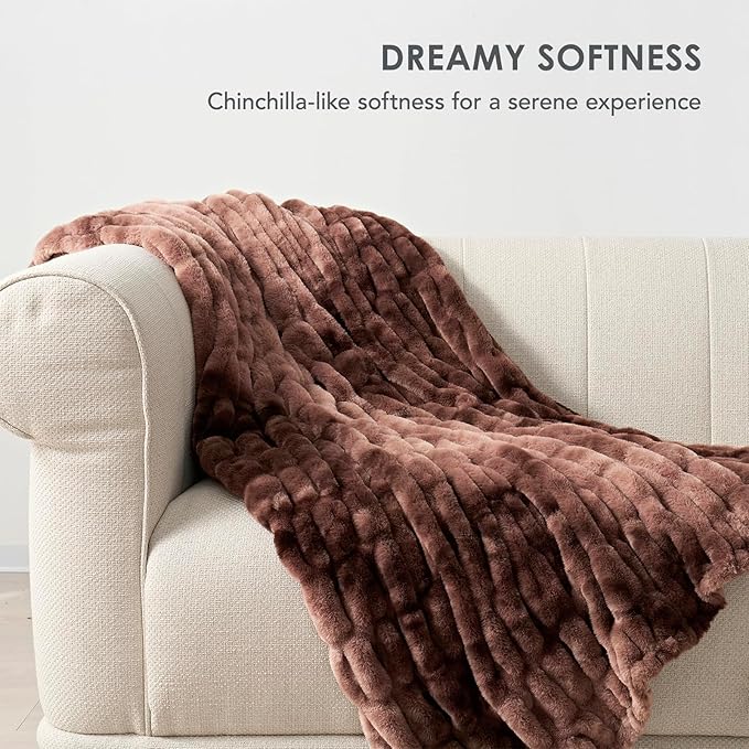 EVERGRACE Luxurious Soft Faux Rabbit Fur Throw Blanket, Cozy Fuzzy Plush Warm Throws for Couch Bed Sofa Chair Home Decor, Ruched Bubble Fluffy Blanket with Reversible Velvet, 60" x 80", Mocha Brown