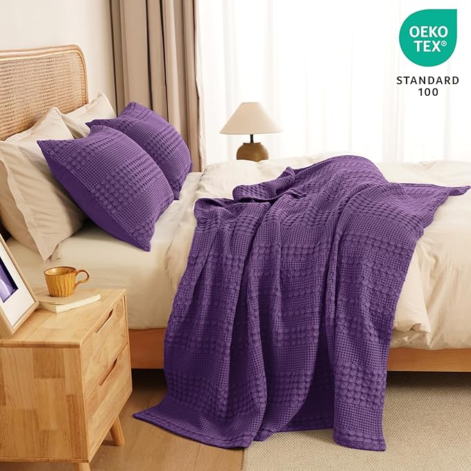 PHF 100% Cotton Waffle Weave Throw Blanket, Soft Lightweight Breathable Cozy Summer Throws for Couch Bed Sofa, Luxury Aesthetic Woven Blanket for Home Decor & Office, 50"x60", Grape