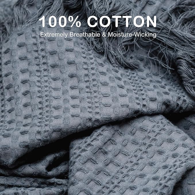 100% Cotton Waffle Blanket with Fringe, Pre-Washed Waffle Weave Blanket for All Season, Lightweight Breathable Soft Cozy Throw Blanket for Couch, Bed, Travel (Blue - 50x60 Inches)