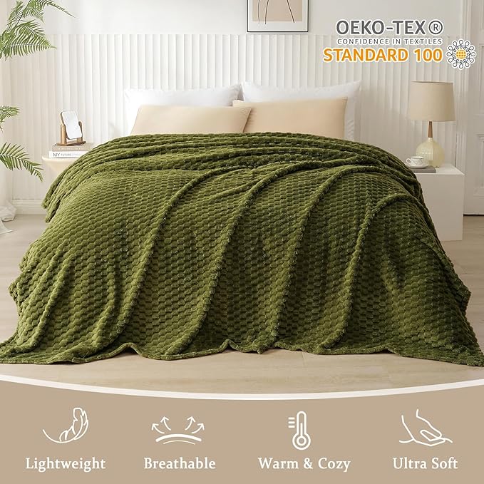 PHF Ultra Soft Flannel Fleece Blanket Queen Size, Lightweight 3D Jacquard Fleece Blanket, No Shedding, No Pilling, Luxury 340GSM Aesthetic Fluffy Cozy for Bed Room Decor, 90"x90", Olive Green