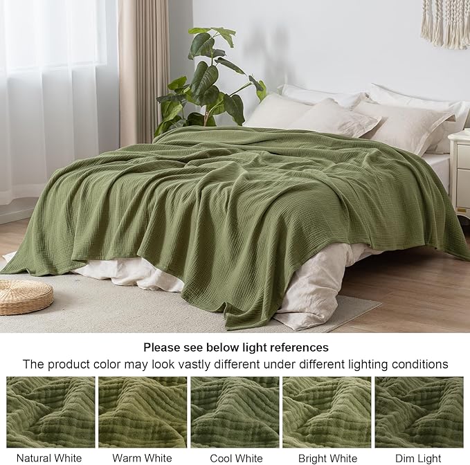 PHF 100% Cotton Muslin Throw Blanket 50" x 60", 4-Layer Lightweight and Breathable Blanket for Summer, Luxuriously Soft Gauze Throws for Couch, Natural Minimalism Style, Ideal Gift, Olive Green