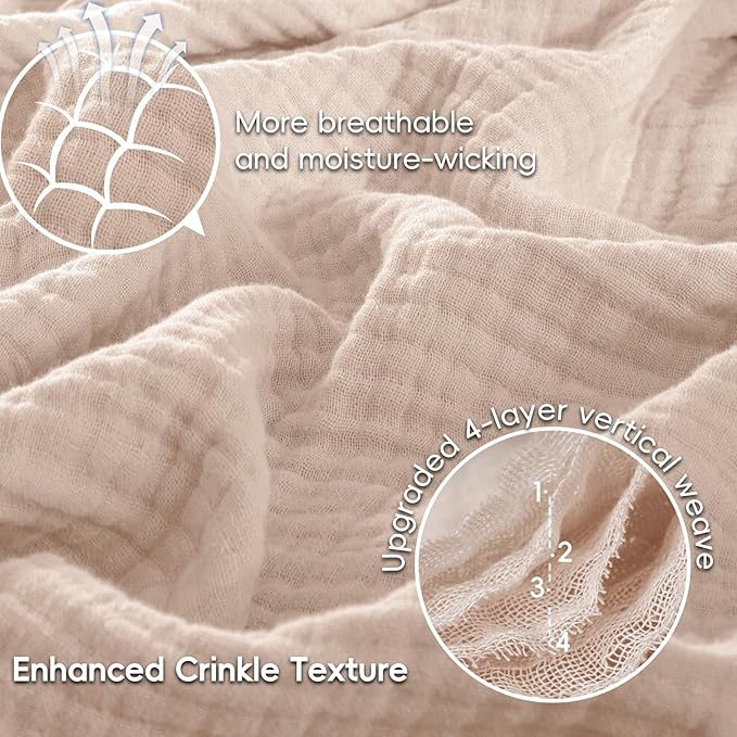 PHF 100% Cotton Muslin Blanket Queen Size 90" x 90", 4-Layer Lightweight and Breathable Blanket for Summer, Luxuriously Soft Gauze Bedding for Bed, Natural Minimalism Style, Ideal Gift, Light Pink
