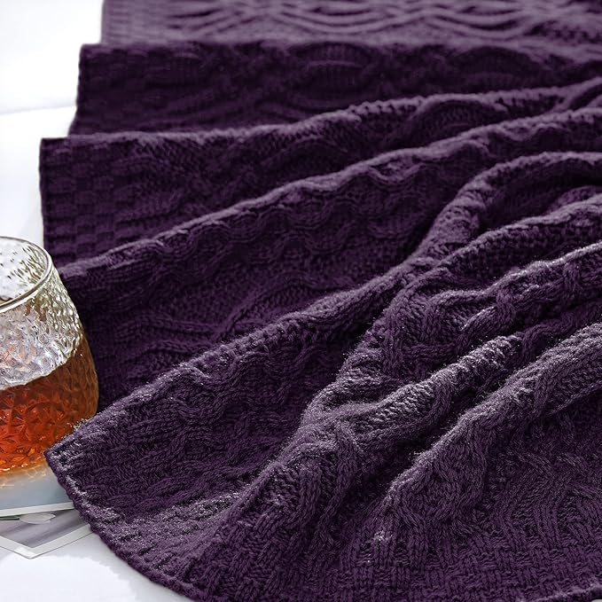 Aormenzy Purple Cable Knit Throw Blanket, Soft & Warm Knitted Blanket Throw for Couch Bed Sofa Living Room, 50 x 60 Inch