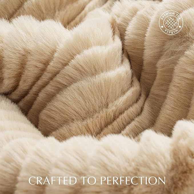 Ultra Soft Faux Fur Throw Blanket for Couch, Luxury Sculpted Texture Faux Rabbit Fur Blanket for Bed, Fluffy Thick Plush Warm Fuzzy Throw, 920GSM (Beige, 60''x80'')