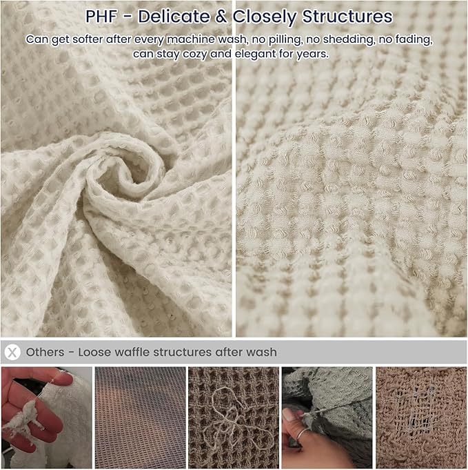 PHF Pre-Washed Cotton Waffle Weave Blanket Queen Size for Bed,Snag Proof Lightweight Breathable Throw for Couch Spring Summer, Oeko-TEX Certified,Machine Washable, Home Decor Gift-Linen/Stone