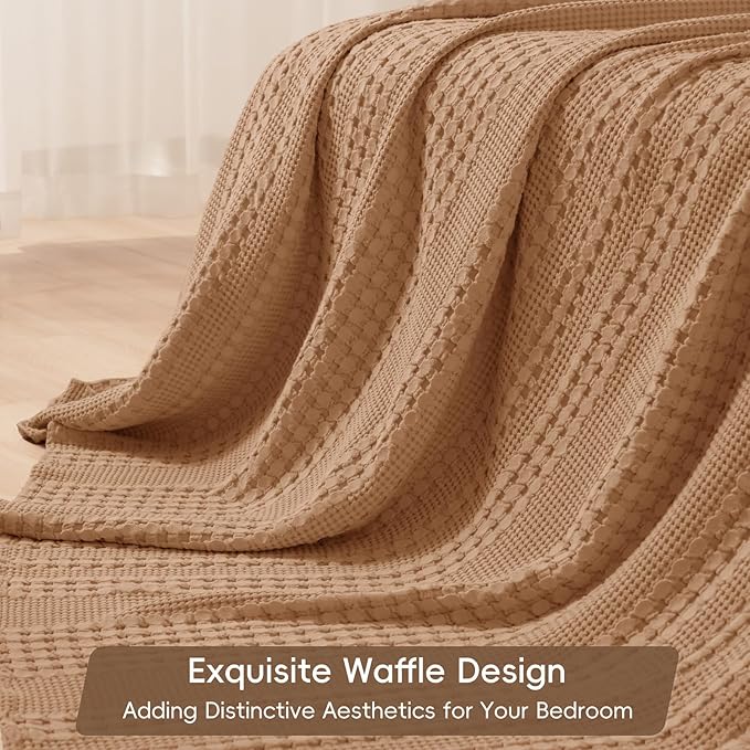 PHF 100% Cotton Waffle Weave Blanket King Size, Soft Lightweight Breathable Cozy Summer Blankets for Bed, Luxury Aesthetic Woven Bedding for Home Decor, 108"x90", Camel