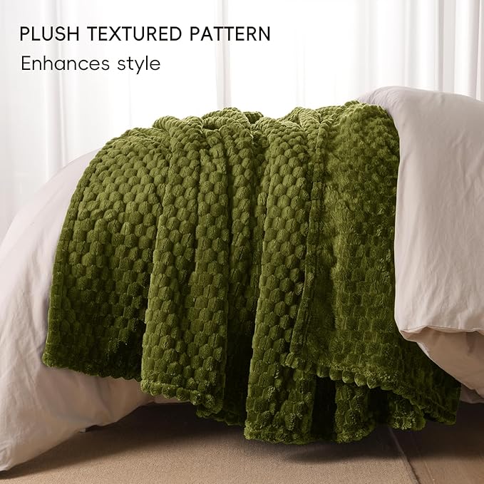 PHF Ultra Soft Flannel Fleece Blanket Queen Size, Lightweight 3D Jacquard Fleece Blanket, No Shedding, No Pilling, Luxury 340GSM Aesthetic Fluffy Cozy for Bed Room Decor, 90"x90", Olive Green