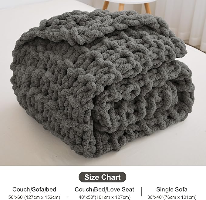 Knit Blanket 50"x60" Dark Grey Cream Soft Washable Chenille Throw Blanket Cozy 100% Handmade Crochet Blankets with Jumbo Chenille Yarn for Couch Bed Sofa Room Decor