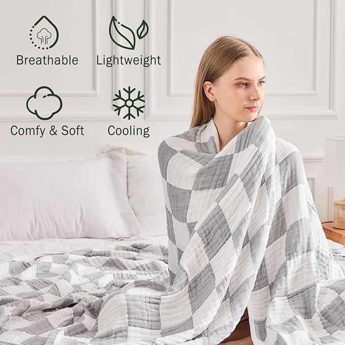 EMME Checkered Cotton Queen Size Bed Blanket, 80"x90", Lightweight Breathable Cooling All Season Gauze, Grey