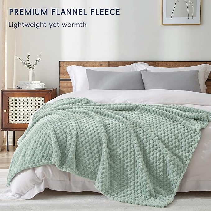 PHF Ultra Soft Flannel Fleece Throw Blanket, Lightweight 3D Jacquard Fleece Blanket, No Shedding, No Pilling, Luxury 340GSM Aesthetic Fluffy Cozy Throws for Couch Room Decor, 50"x60", Sage Green