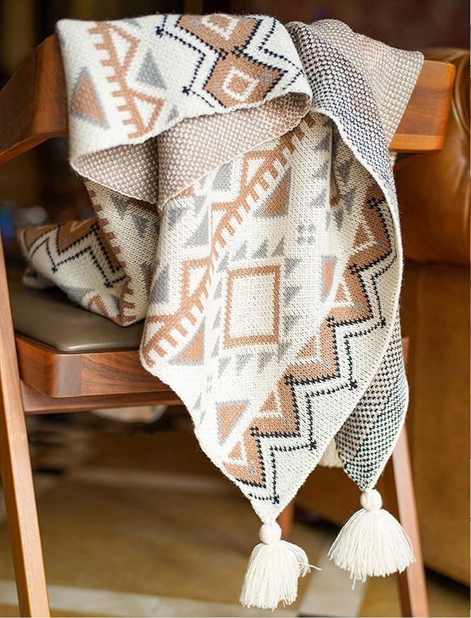 Brown Throw Blankets, Knitted Tassel Vintage Tan Throw Blanket, Soft Lightweight Boho Throw Blanket for Sofa Couch Bed and Living Room- All Seasons (50x85 Inch)