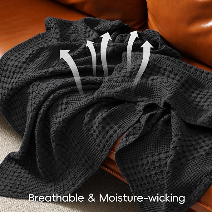 PHF 100% Cotton Waffle Weave Blanket Twin Size, Soft Lightweight Breathable Cozy Summer Blankets for Bed, Luxury Aesthetic Woven Bedding for Home Decor, 66"x90", Black