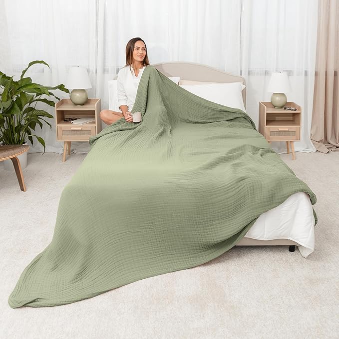 Comfy Cubs Muslin Blanket for Adults Queen 90" x 90" - 6 Layer Soft, Breathable & Lightweight Muslin Adult Blanket - Machine Washable & Designed in The US Bedding for All Seasons - Sage