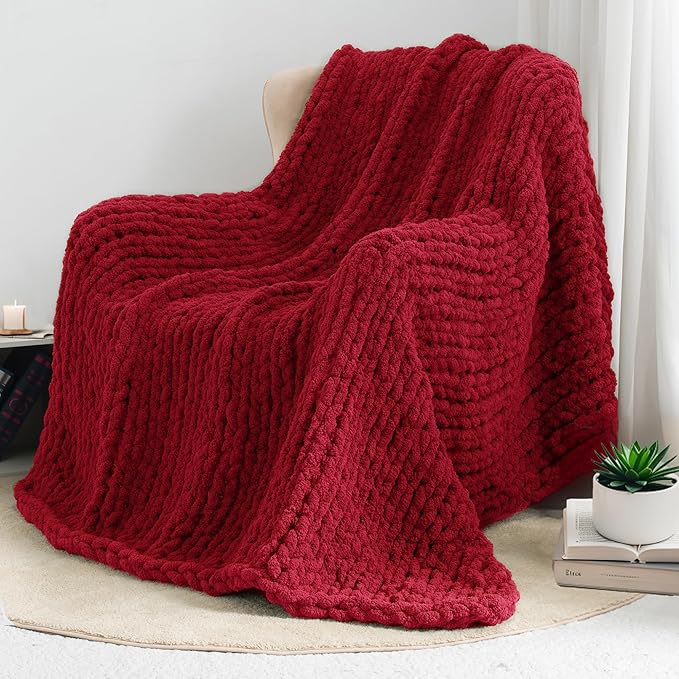 Chunky Knit Throw Blanket 60"X 80", 100% Handmade with Soft Chenille Yarn, 4.4lbs Thick Cable Knitted Blankets, Large Rope Knot Crochet Throws for Couch Sofa Bed Home Decor, Red