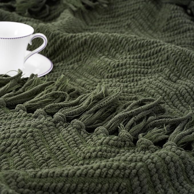 BATTILO HOME Olive Green Throw Blanket for Couch, Knit Throw Blanket,Super Soft Warm Home Decor Throw Tassels Bed,Sofa and Living Room,50" x 60"