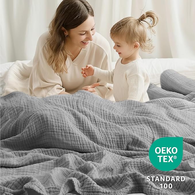 100% Cotton Muslin Blanket King 108" x 90", 6 Layers Breathable and Lightweight Cotton Throw Blanket for Bed, Soft Quilt Bedspread Coverlet, Gauze Blanket for Adults All Season, Grey