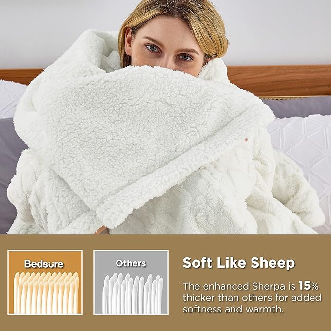 Bedsure Sherpa King Size Blanket for Bed- Fleece Soft Cozy Fuzzy Cable Blankets for Women, Thick Warm for Winter and All Seasons, Cream, 108x90 Inches