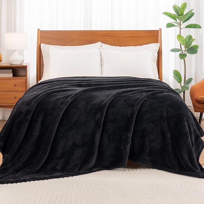 Berkshire Blanket Classic Extra-Fluffy™ Plush Blanket King Size, Soft Fuzzy Fluffy Long Hair Blanket for Couch Sofa Bed, Black, 90x108 Inches
