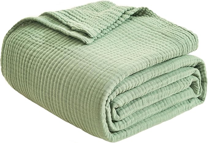 EMME Cotton Queen Size Bed Blanket - Soft, Breathable, All Season Gauze, 80"x90", Sage Green