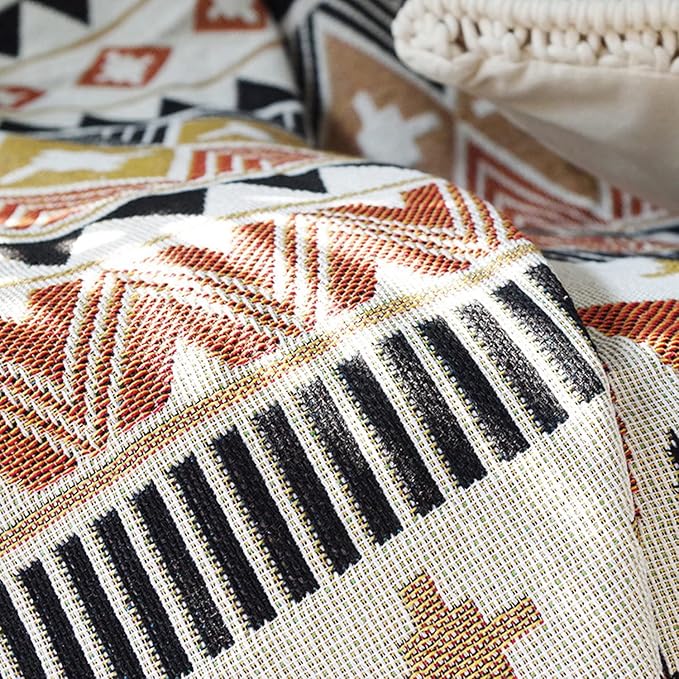 Luxlovery Bohemian Sofa Throw Blankets Ethnic Woven Farmhouse Boho Throw Blanket for Couch Black White and Orange Multicolor Aztec Bed Throws Oversized Chair Sofa Cover with Tassels(63"x86")