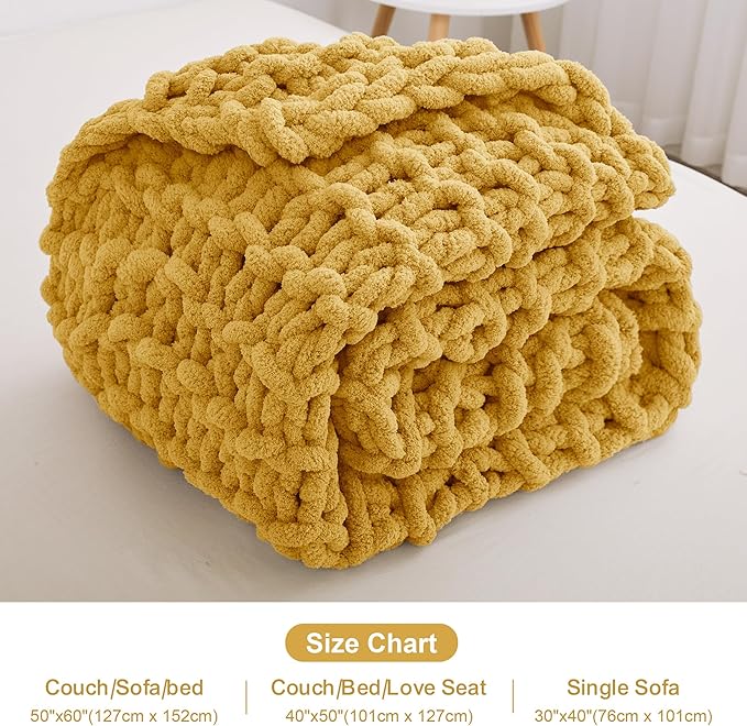 Knit Blanket 50"x60" Yellow Cream Soft Washable Chenille Throw Blanket Cozy 100% Handmade Crochet Blankets with Jumbo Chenille Yarn for Couch Bed Sofa Room Decor