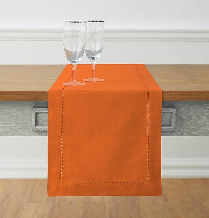 Solino Home Cotton Linen Table Runner 36 Inches - Pumpkin Hemstitch Table Runner 14 x 36 Inch Ideal for Dresser and Coffee Tables - Fall, Autumn, Halloween