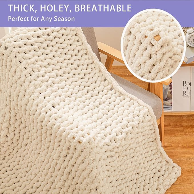 Bigacogo Chunky Knit Throw Blanket for Couch, 40x40 inches, 100% Hand Knitted with Thick Jumbo Chenille Yarn, Cozy Soft Large Rope Knot Cable Crochet Blankets for Sofa Bed Living Room, Beige