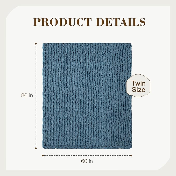 Carriediosa Chunky Knit Throw Blanket 60" X 80" Twin, 100% Hand Made Large Chenille Loop Yarn Soft Fluffy Throws for Couch Sofa Bed, Big Crochet Cozy Heavy Thick Cable Woven Blankets, Lyons Blue