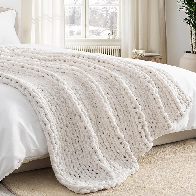 Chunky Knit Throw Blanket 60"X 80", 100% Handmade with Soft Chenille Yarn, 6.7lbs Thick Cable Knitted Blankets, Large Rope Knot Crochet Throws for Couch Sofa Bed Home Decor, Cream White