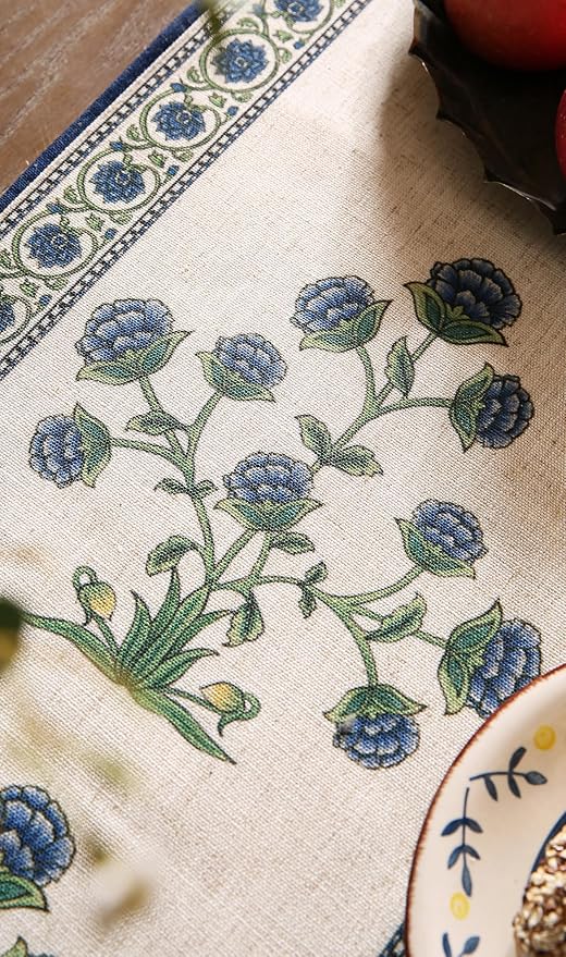 patdrea Designer Blue Rustic Elegant Floral Patterned Extra Long,Wrinkle Resistant Linen Table Runner 118 Inch Long,Decoration for Kitchen Dining and Coffee Tables Banquet Christmas , 12"x118"