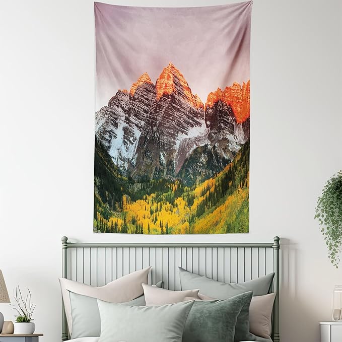 Ambesonne Mountain Tapestry Queen Size, Scenic Western American Mountains on Valley with Snowy Peaks at Sunset Landscape, Wall Hanging Bedspread Bed Cover Wall Decor, 88" X 88", Mauve Brown