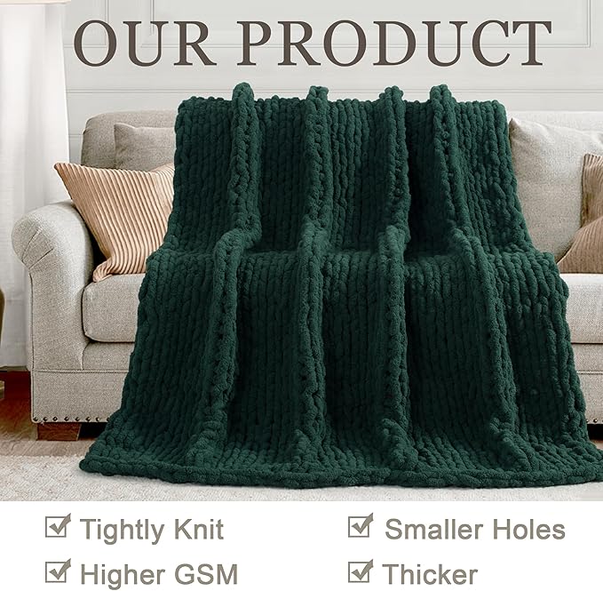 Chunky Knit Throw Blanket 60"X 80", 100% Handmade with Soft Chenille Yarn, 4.4lbs Thick Cable Knitted Blankets, Large Rope Knot Crochet Throws for Couch Sofa Bed Home Decor, Dark Green