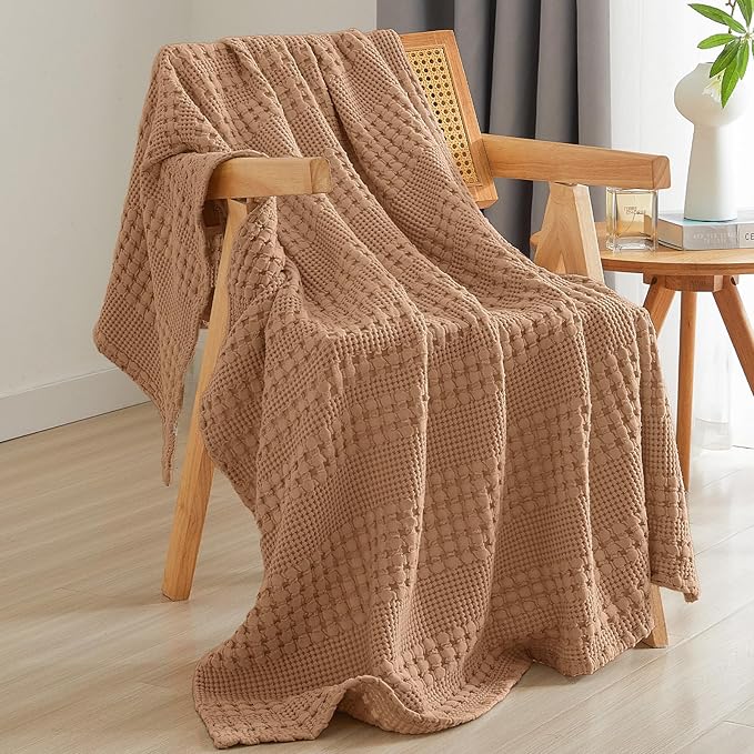 PHF 100% Cotton Waffle Weave Throw Blanket, Soft Lightweight Breathable Cozy Summer Throws for Couch Bed Sofa, Luxury Aesthetic Woven Blanket for Home Decor & Office, 50"x60", Camel