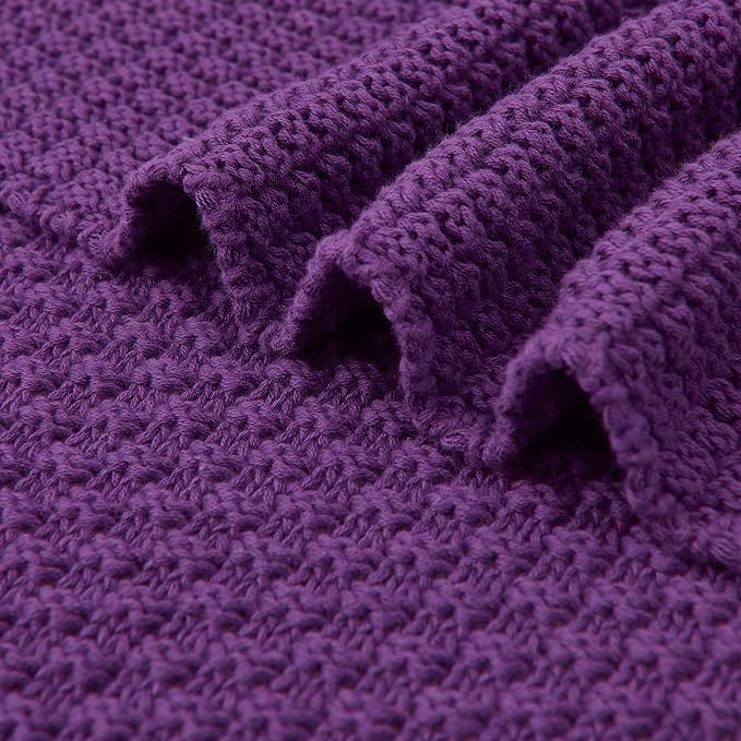 Longhui bedding Purple Knitted Throw Blanket for Couch, Soft, Cozy Machine Washable 100% Cotton Sofa Knit Blankets, Heavy 3.0lb Weight, 51 x 63 Inches, Purple Color.