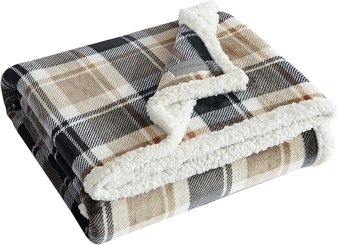 Eddie Bauer- Throw Blanket, Reversible Sherpa Fleece Bedding, Home Decor for All Seasons (Rugged Plaid Beige, Throw)