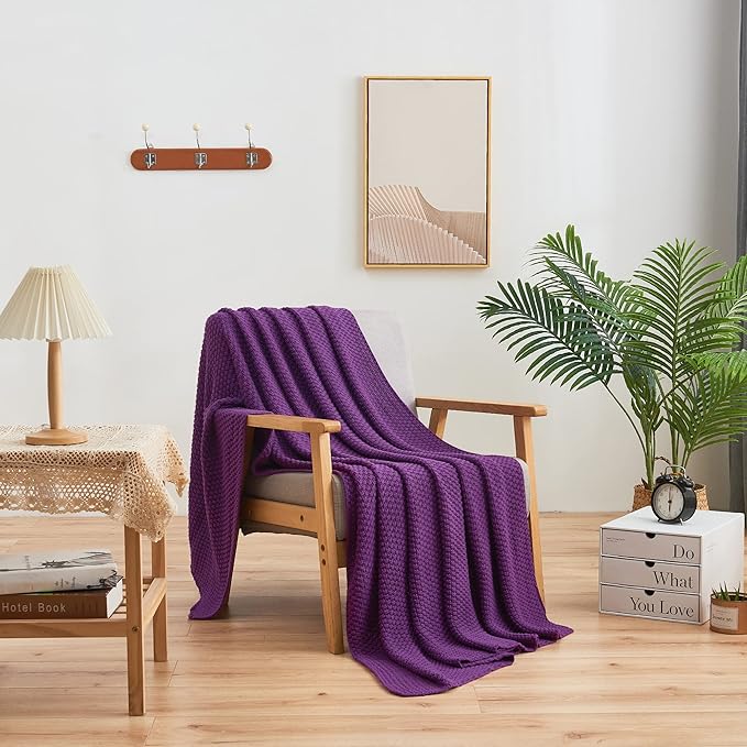 Longhui bedding Purple Knitted Throw Blanket for Couch, Soft, Cozy Machine Washable 100% Cotton Sofa Knit Blankets, Heavy 3.0lb Weight, 51 x 63 Inches, Purple Color.