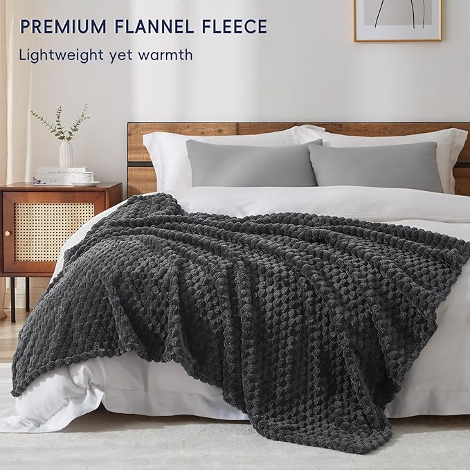 PHF Ultra Soft Flannel Fleece Throw Blanket, Lightweight 3D Jacquard Fleece Blanket, No Shedding, No Pilling, Luxury 340GSM Aesthetic Fluffy Cozy Throws for Couch Room Decor, 50"x60", Dark Grey