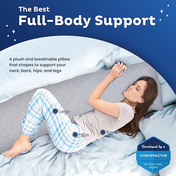Snuggle-Pedic Body Pillow for Side Sleepers for Adults - Full Body Maternity Pillow Support Legs, Belly & HIPS - Shredded Memory Foam & Cooling Pregnancy Pillow Cover 20x54 Gray