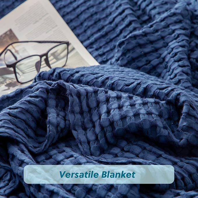 Bedsure Cooling Cotton Waffle Queen Size Blanket - Lightweight Breathable Summer Blanket of Rayon Derived from Bamboo for Hot Sleepers, Luxury Throws for Bed, Couch and Sofa, Navy, 90x90 Inches